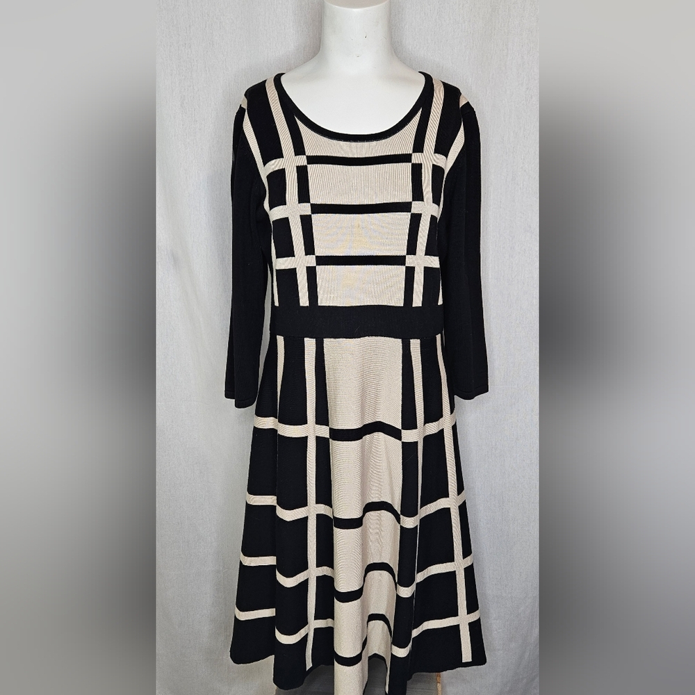 Liz Claiborne‎ Cozy A-Line Black & Cream Career Checkered Design Dress Size L